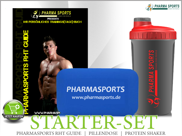 Pharmasports Starter-Set, bestehend aus Pharmasports Proteinshaker, Pharmasports Pillendose und Pharmasports RHT-Guide