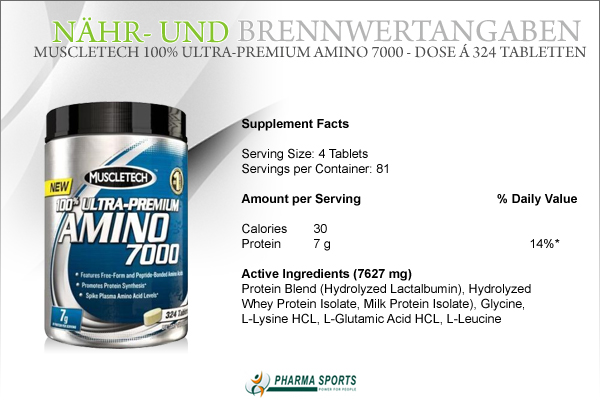 MuscleTech 100% Ultra-Premium Amino 7000 - wichtige Informationen wie Nähr- und Brennwerte