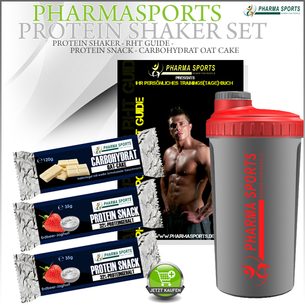 Pharmasports Protein Shaker Set - Protein Shaker + Haferriegel + Protein Riegel + Trainingsbuch