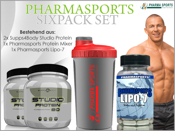 Pharmasports Sixpack Set - bestehend aus Supps4Body Studio Protein, Pharmasports Protein Shaker und Pharmasports Lipo-7