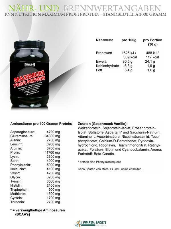 PNN Nutrition Maximum Profi Protein - Standbeutel á 2000 Gramm