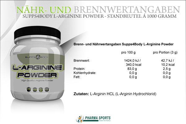 Supps4Body L-Arginine Powder - Informationen wie Nähr- und Brennwerte
